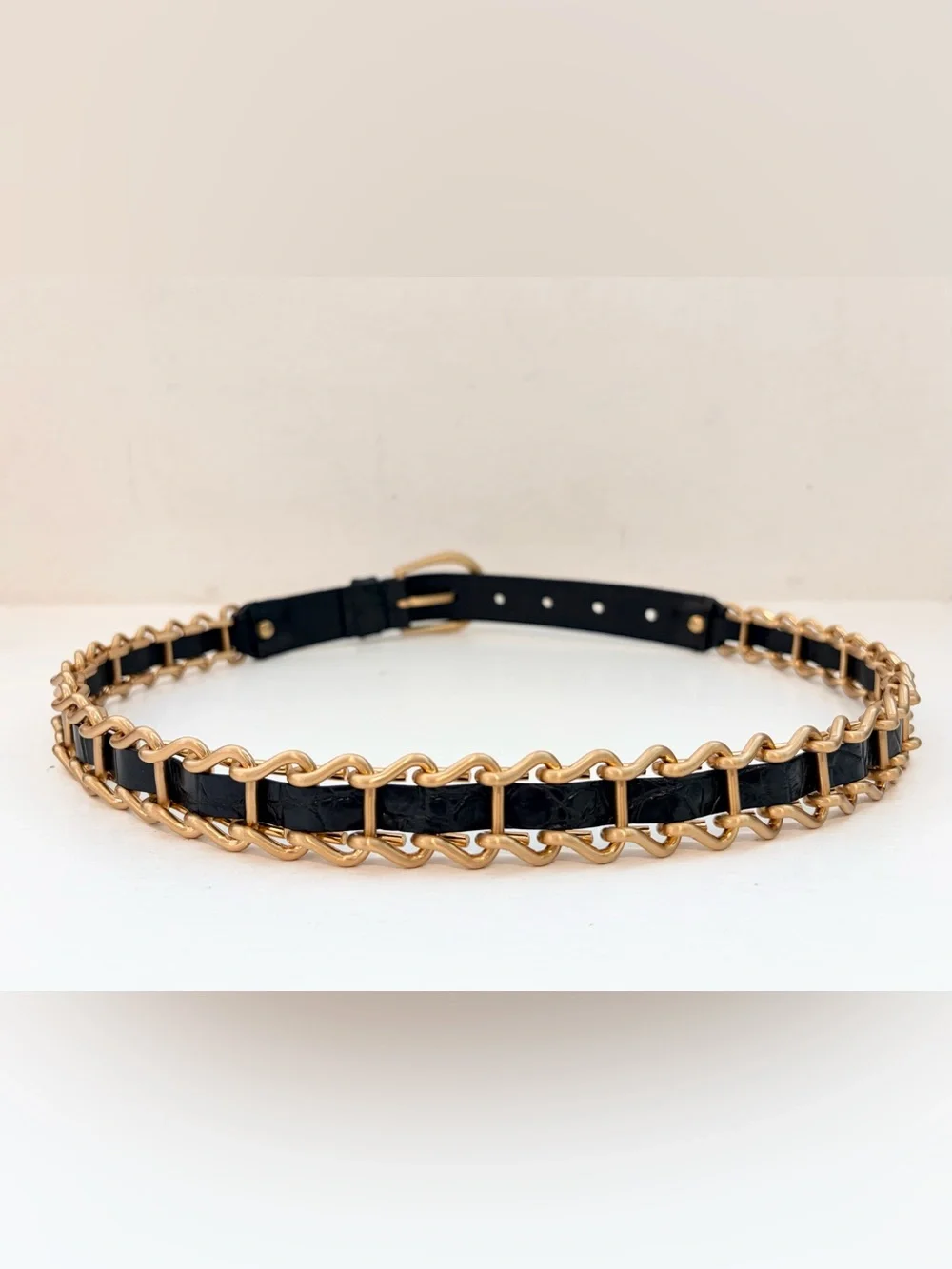 Auth MIU MIU Black Leather Gold-Tone Chain Link Belt, Size 75 / 30
